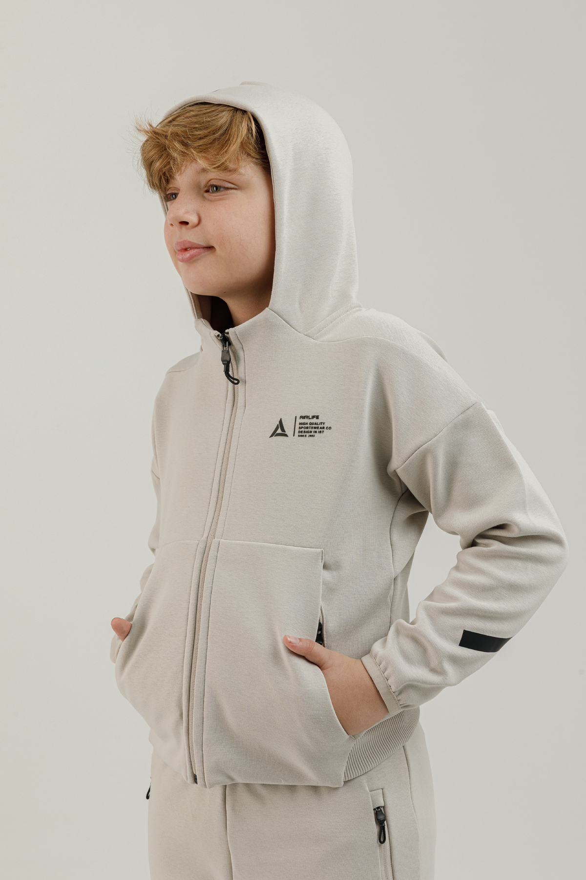 Tam Boy Fermuarlı Genç Çocuk Kapüşonlu Sweatshirt - 180012-U.01