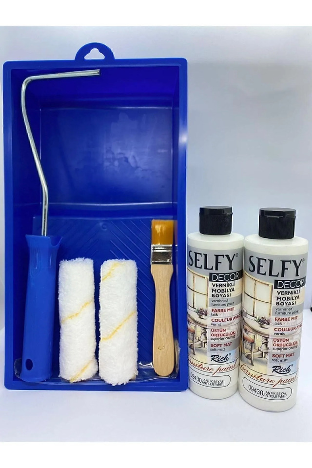 Selfy Decor Kendinden Vernikli Mobilya Boyası 240 Cc Antik Beyaz 2x + Boyama Rulo Seti