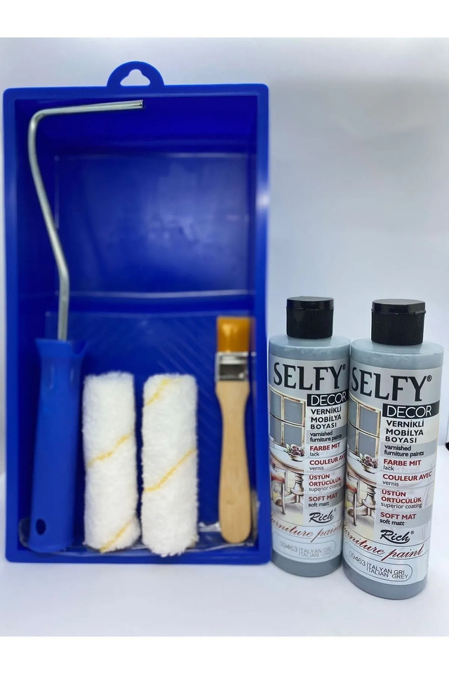 Selfy Decor Kendinden Vernikli Mobilya Boyası 240 cc Italyan Gri 2x + Boyama Rulo Seti