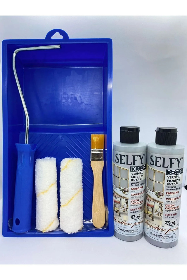 Selfy Decor Kendinden Vernikli Mobilya Boyası 240 Cc Marjinal Gri 2x + Boyama Rulo Seti