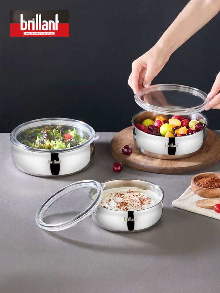 Aldip 6 Parça Çelik Saklama Kabı Seti 3'lü (16-18-20 cm) - Şeffaf Kapaklı Metal Saklama Kabı