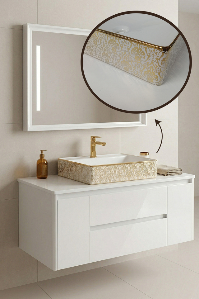 Lucco Square 50 Cm Lavabo Altın Renk Desenli