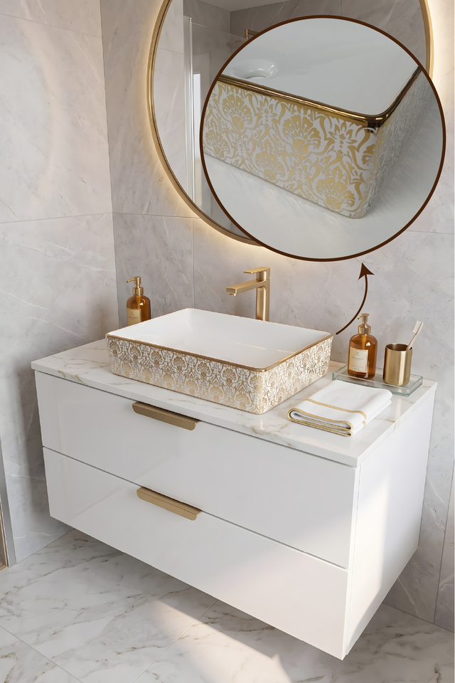 Lucco Square 50 Cm Lavabo Altın Renk Desenli